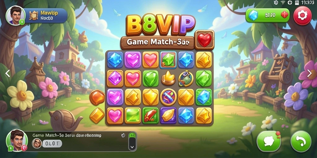 Screenshot B8VIP menampilkan momen seru mencocokkan permata.