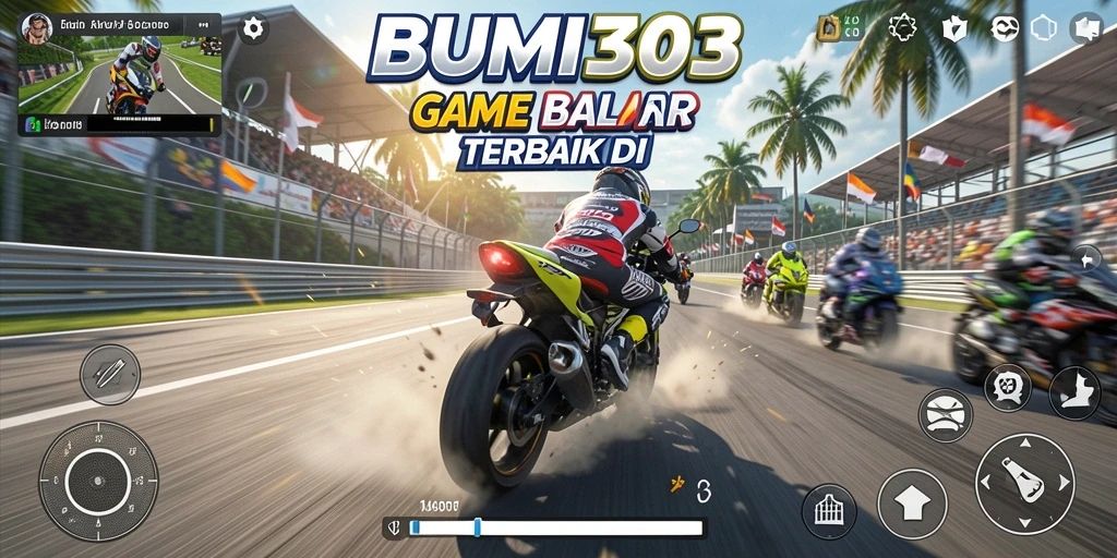 Tampilan gameplay seru di BUMI303 dengan motor balap yang memukau.