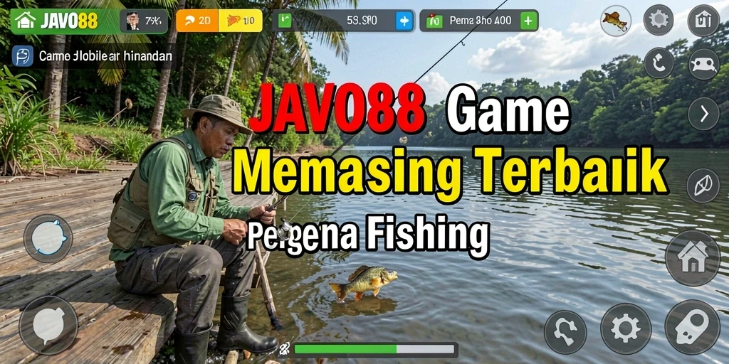 Screenshot utama JAVO88 menampilkan pemain yang sedang memancing di danau indah.