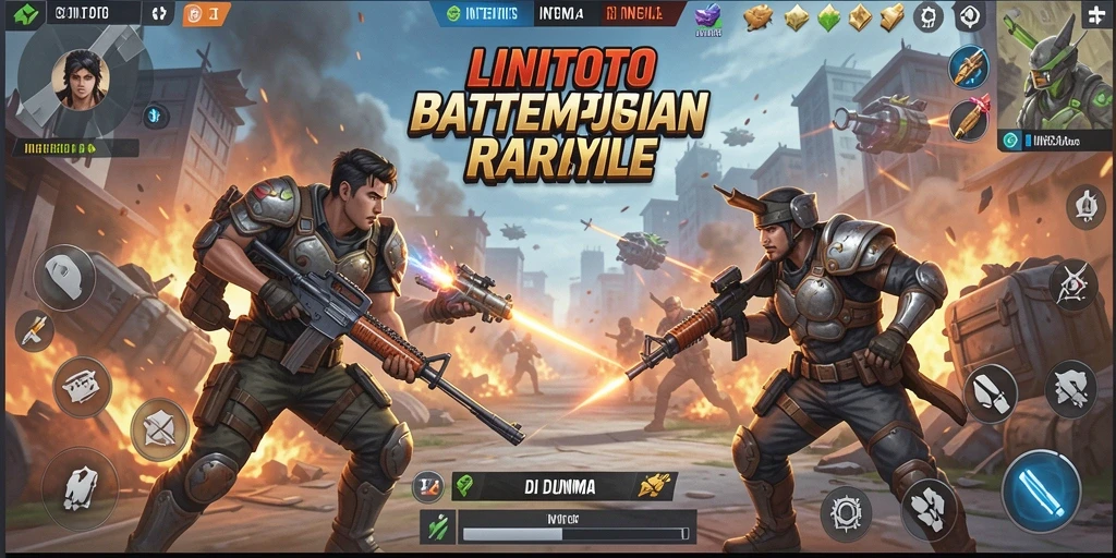 Screenshot gameplay LINITOTO menunjukkan aksi pertempuran yang mendebarkan dalam mode Battle Royale.