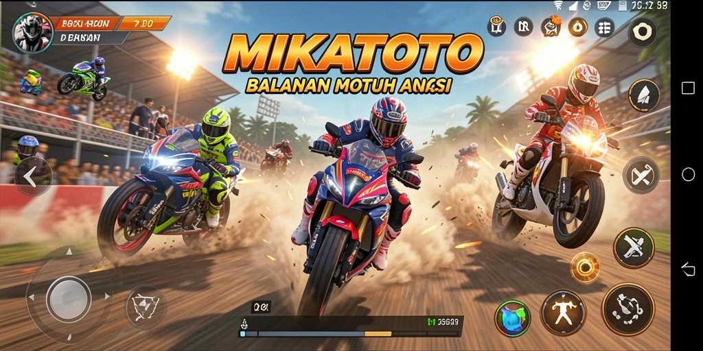 Screenshot gameplay MIKATOTO menampilkan aksi balapan motor yang menarik.