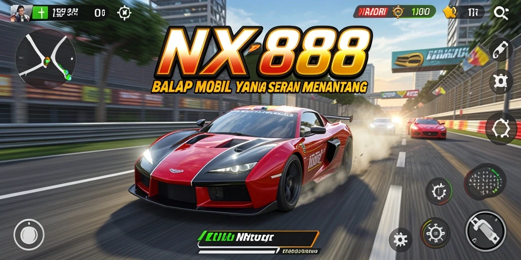 Screenshot NX888 menampilkan aksi balap yang mendebarkan dengan mobil berkecepatan tinggi.