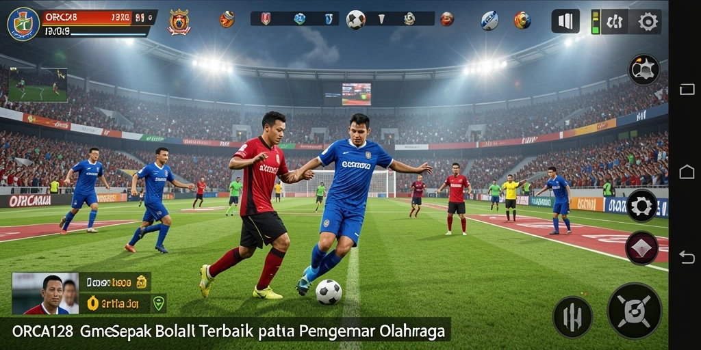 Tampilan gameplay seru dalam ORCA128 yang menampilkan aksi sepak bola.