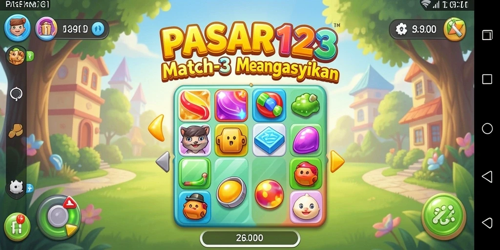 Screenshot utama PASAR123 menampilkan gameplay Match-3 yang seru dan berwarna-warni.