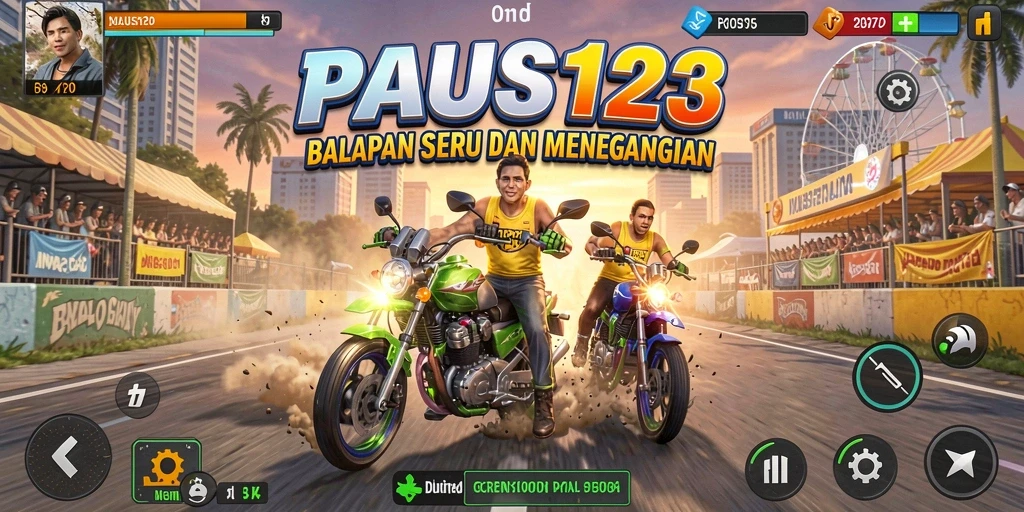 Tampilan gameplay PAUS123 dengan mobil balap yang beraksi di trek menegangkan.