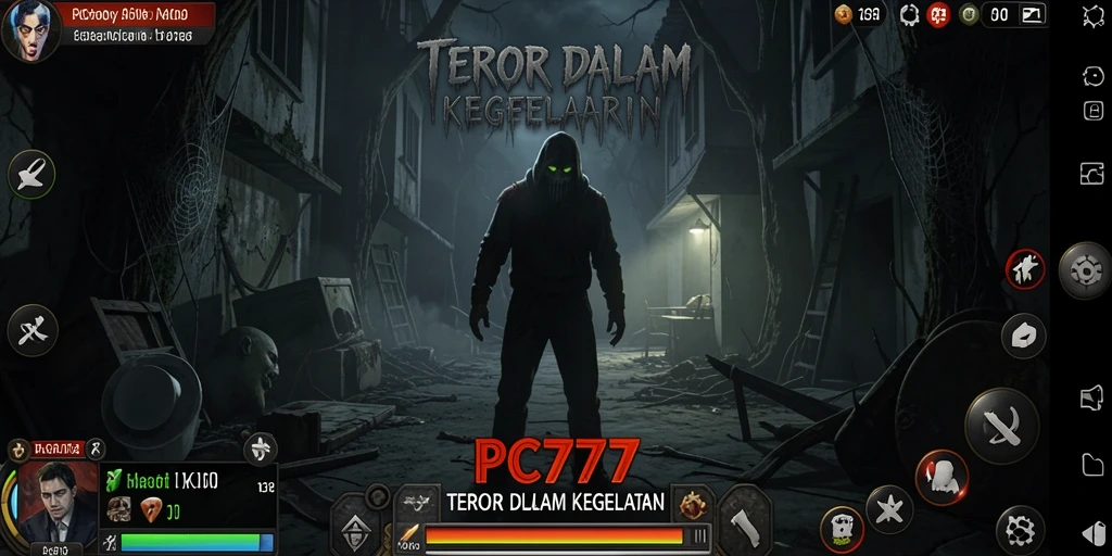 Screenshot gameplay PC777 menampilkan momen intens saat menjelajahi rumah berhantu.