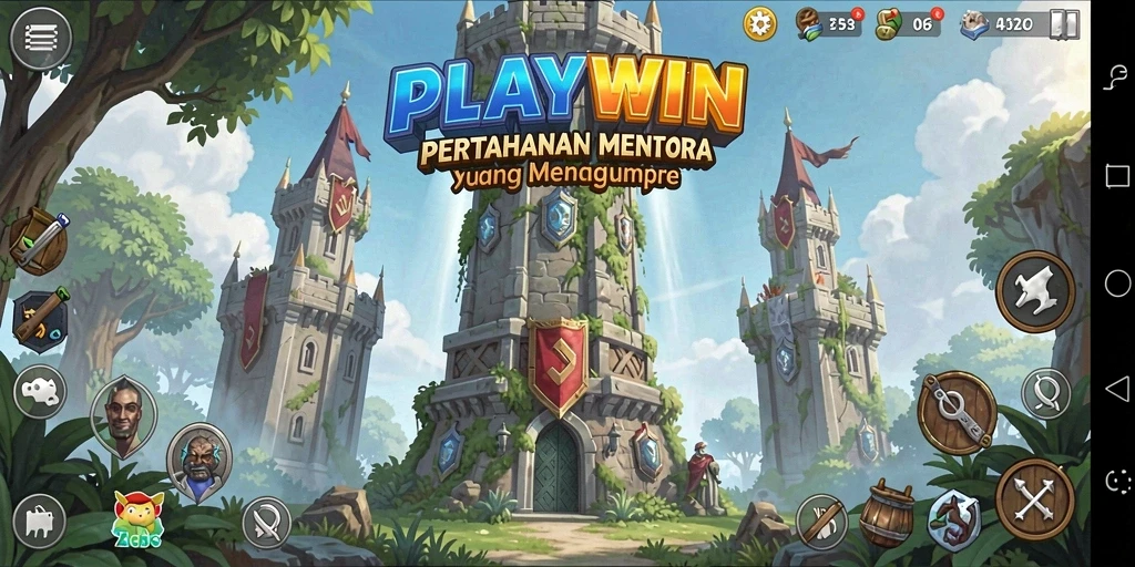 Tampilan gameplay PLAYWIN menampilkan menara dan serangan musuh yang menarik.