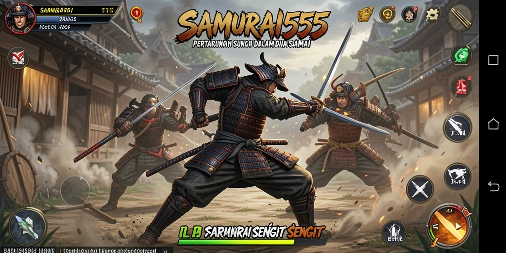 Screenshot gameplay SAMURAI555 menampilkan aksi pertarungan epik.